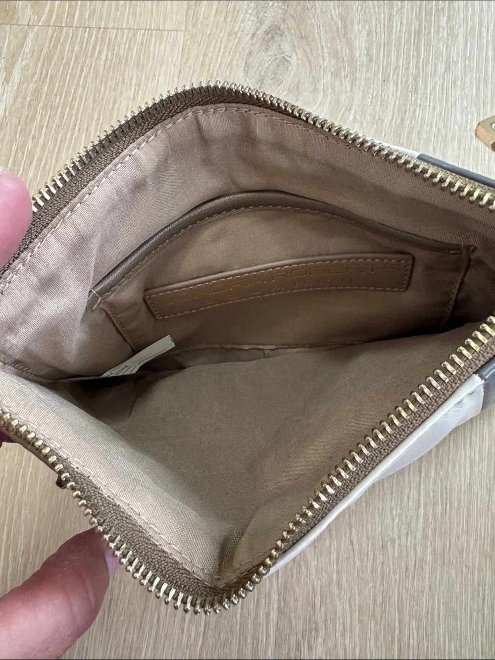 Sondra Roberts Tri-Panel Leather Wristlet Clutch in Gray, Cream & Brown